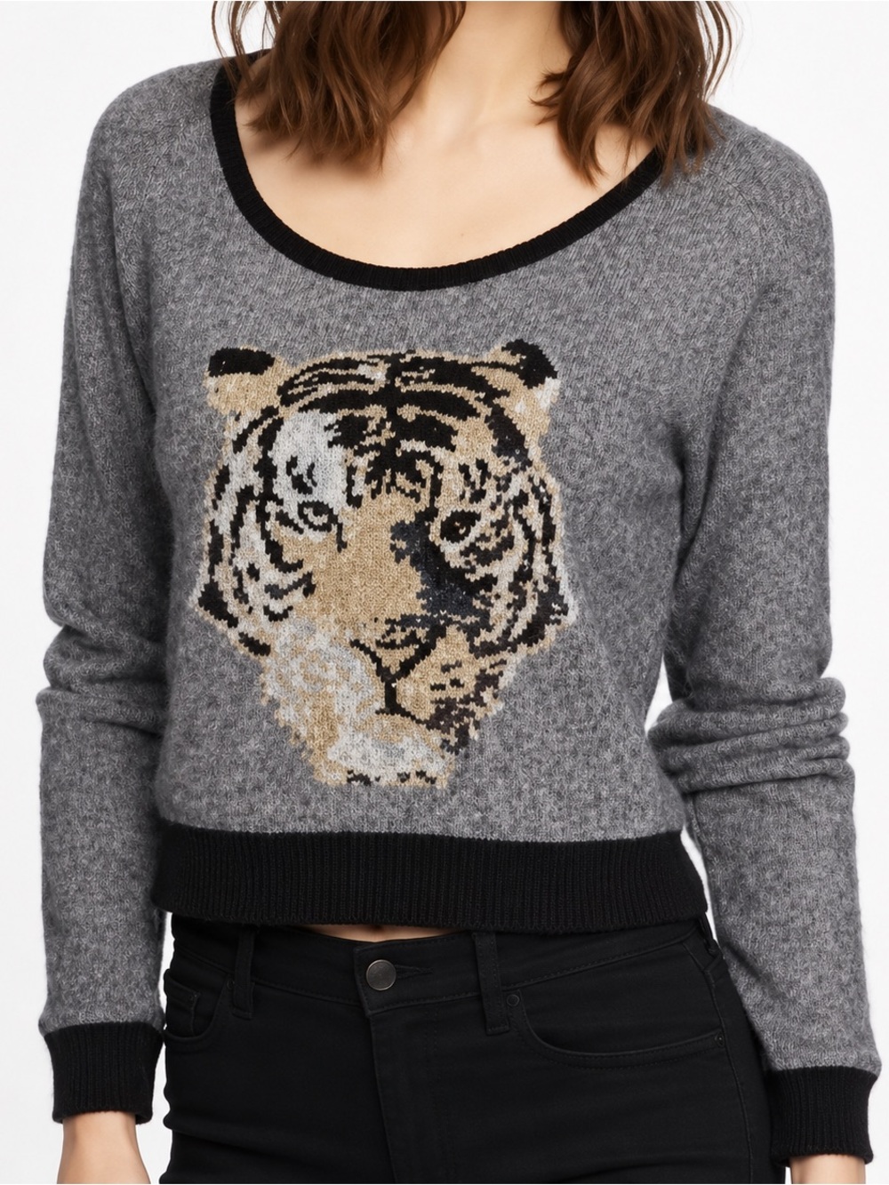 Express Sequin Lace Tiger Cropped Sweater (365)